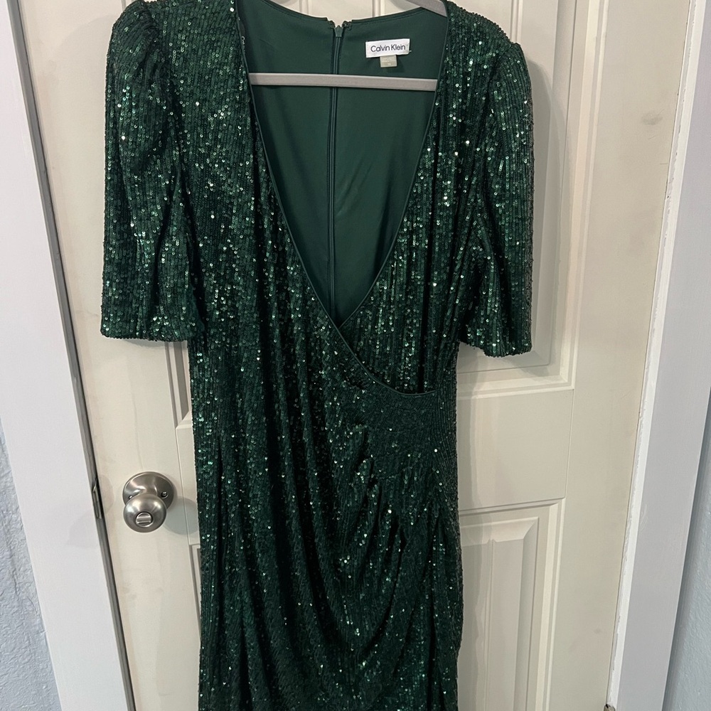 Calvin Klein Green Sequin Wrap Dress with Puff Sleeves